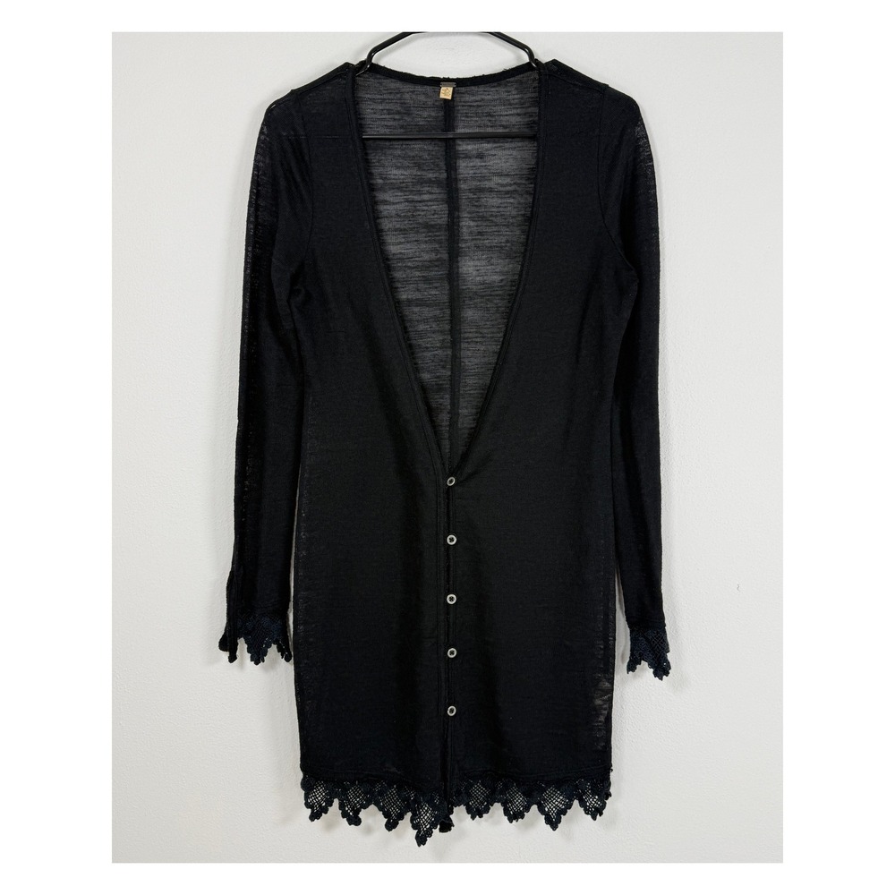 Free People Cardigan Women S Black Sheer Lace Fringe Longline Witchy Whimsygoth